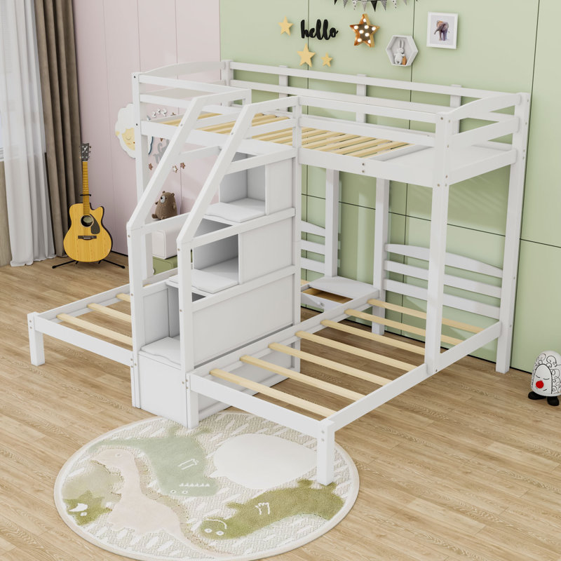 Harriet Bee Twin Over Twin & Twin 1 Drawer Wood L-Shaped Bunk Beds
